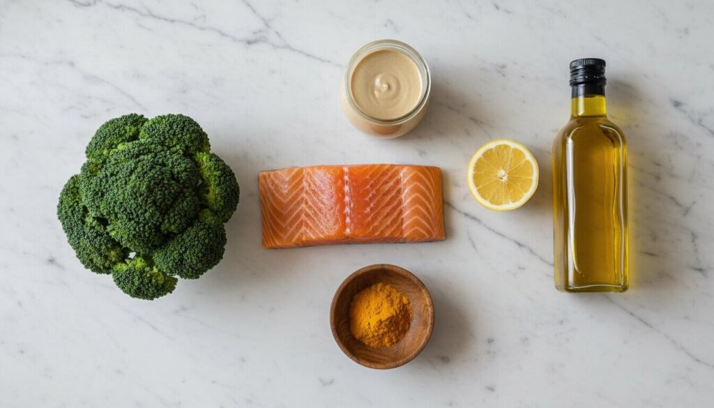 Fresh ingredients for Mediterranean salmon bowl including tahini, turmeric, and salmon.