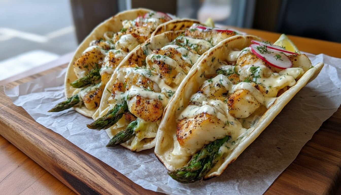 Raw ingredients for sheet pan halibut tacos including fresh fish, peppers, and Greek yogurt.
