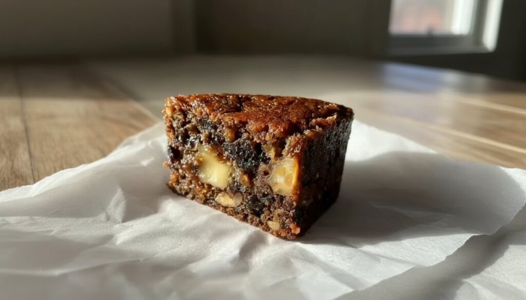 Whole moist date and nut cake loaf on a wooden board.