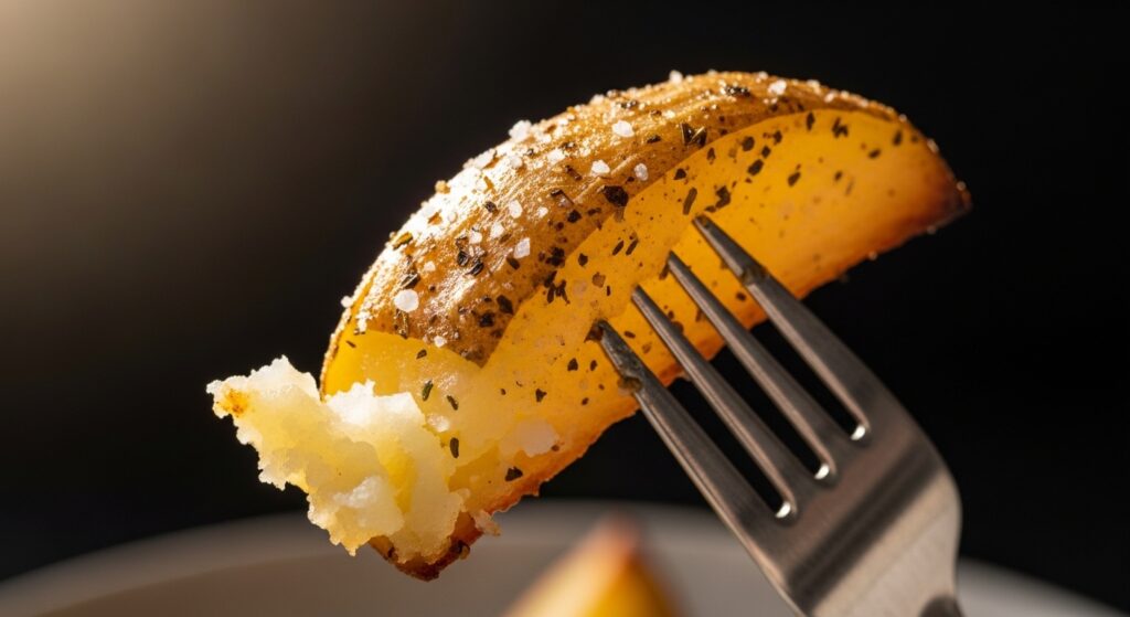 Close-up of a crispy roasted potato wedge showing texture.