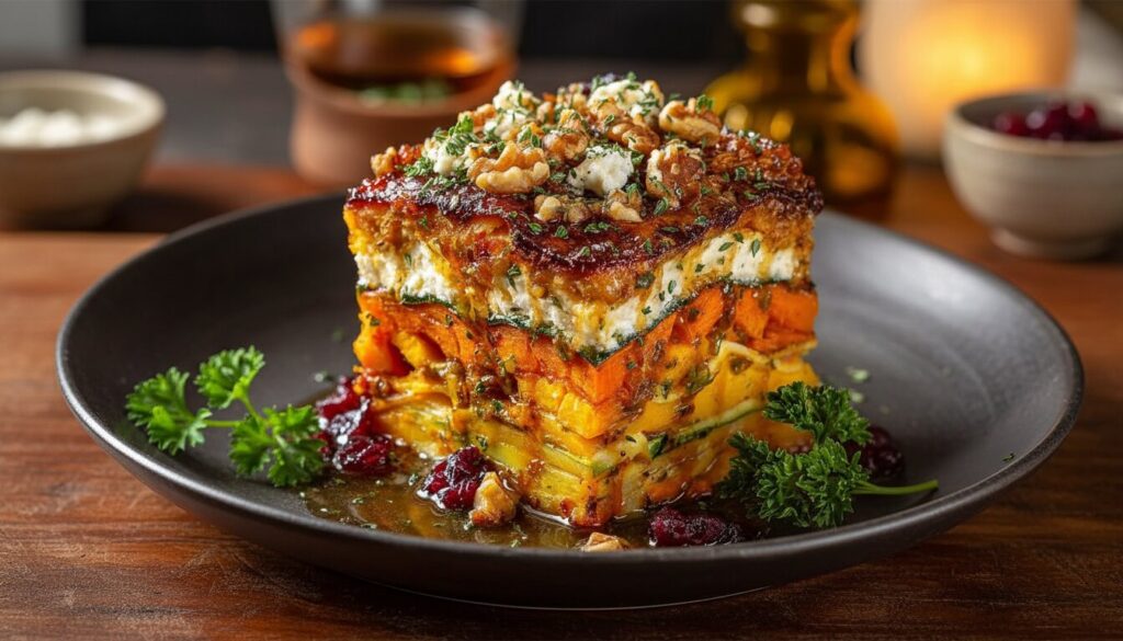 Fresh ingredients for Mediterranean Sweet Potato Veggie Lasagna including feta and pumpkin.