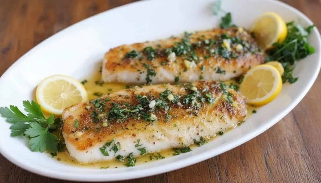 Pan fried sea bass recipe with lemon garlic herb sauce on a white plate.