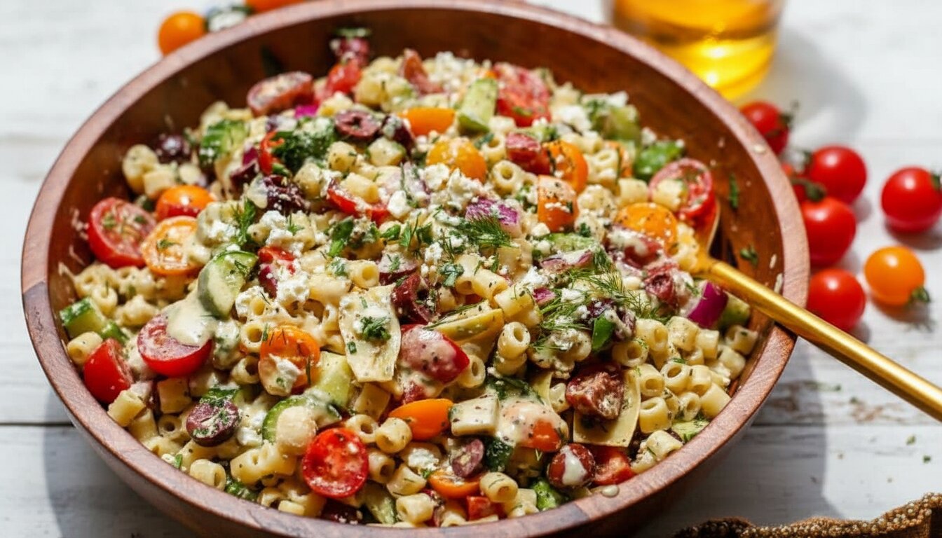 A bowl of Greek-inspired chopped pasta salad with creamy feta dressing, cucumber, and tomatoes.
