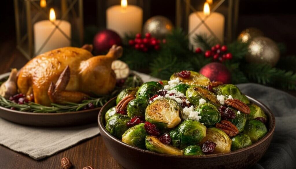 Maple-Roasted Brussels Sprouts served as a holiday side dish on a decorated dinner table.