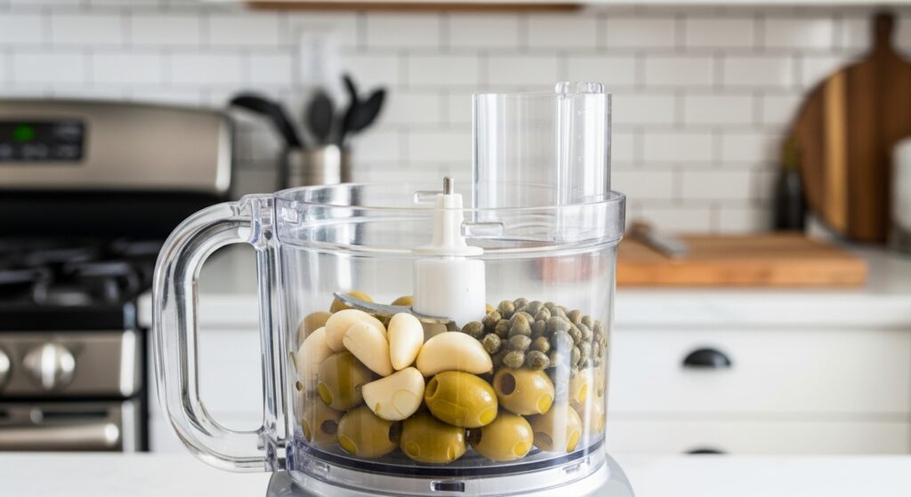 Ingredients for green olive spread inside a food processor bowl.