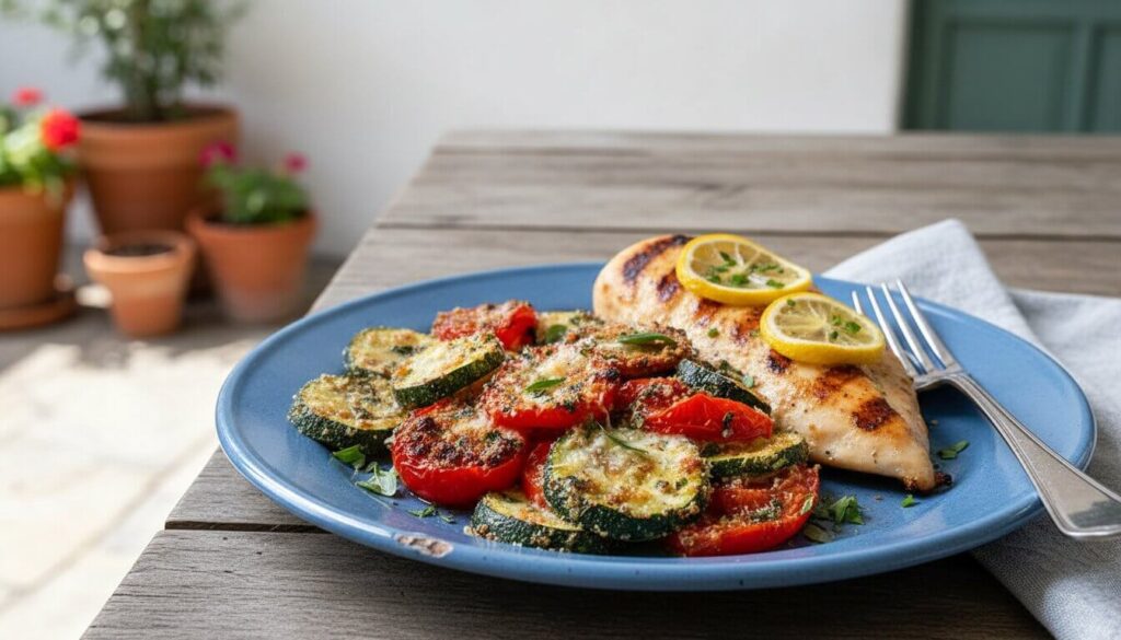 A serving of garlic parmesan zucchini bake paired with grilled chicken.