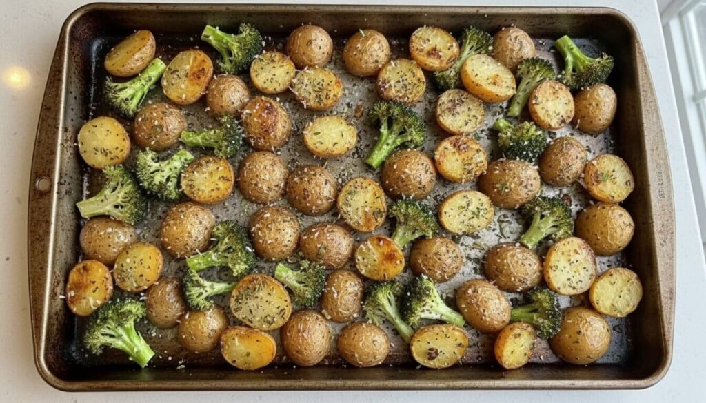 Roasted potatoes and broccoli on a metal sheet pan.