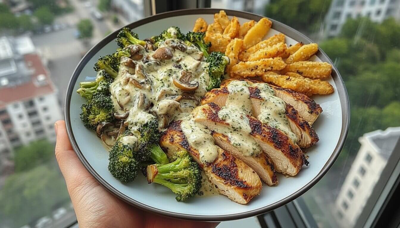 Spinach-Artichoke Greek Chicken Alfredo with crispy parmesan broccoli and fries on a blue plate.