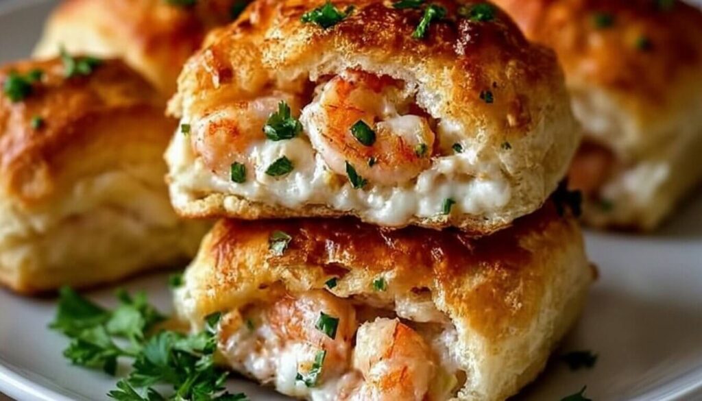 Stacked Mediterranean shrimp and crab biscuit melts with golden crust and cheesy filling.