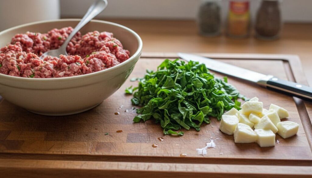 Raw ingredients for garlic spinach meatballs including chopped spinach and mozzarella cubes.