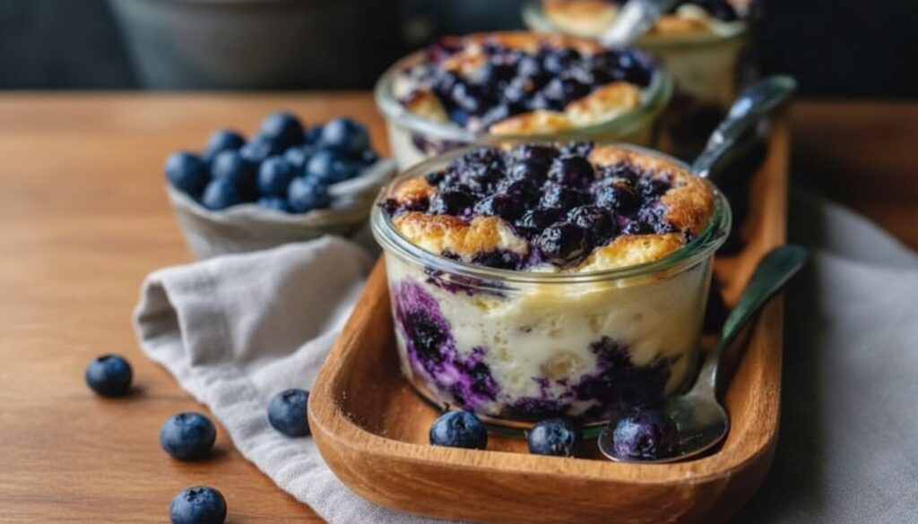 Two golden-brown Baked Blueberry Cottage Cheese Breakfast Bowls topped with fresh berries.