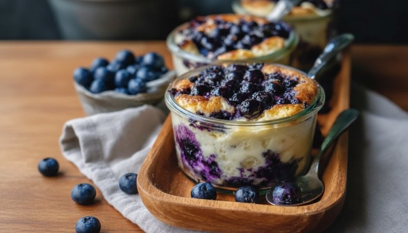 Two golden-brown Baked Blueberry Cottage Cheese Breakfast Bowls topped with fresh berries.