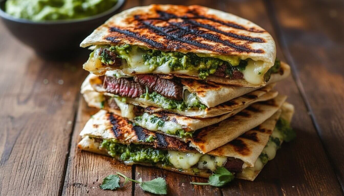 Mediterranean Chimichurri Grilled Steak Quesadilla with Avocado wedges stacked on wood.