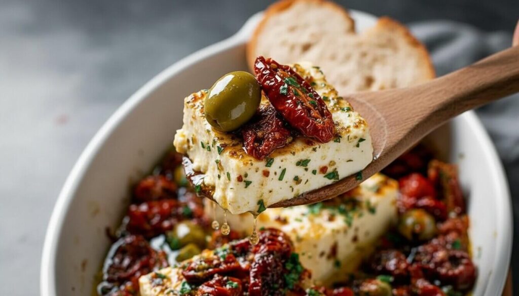 A piece of toasted bread scooping warm baked feta and sun-dried tomatoes.