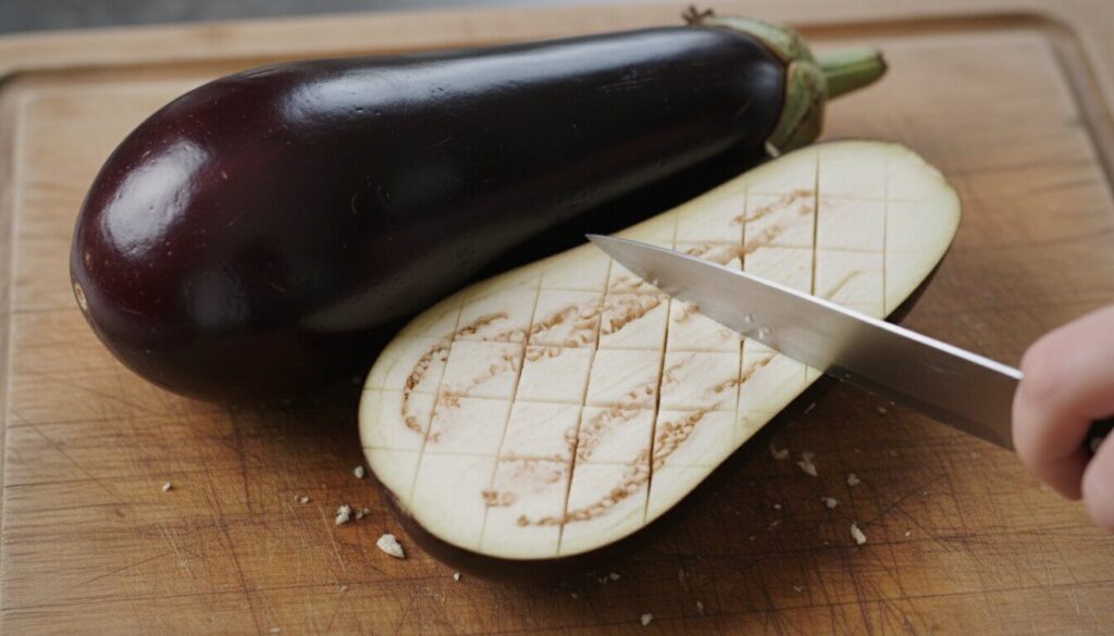 Scored eggplant halves on a wooden board for Calabrian stuffed eggplant recipe.
