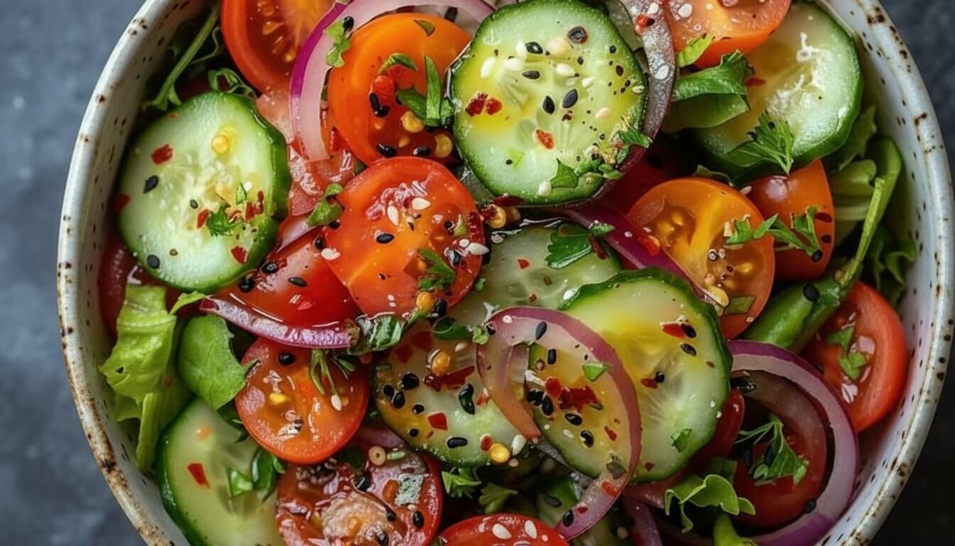 Mediterranean cucumber tomato salad with sesame dressing in a ceramic bowl.