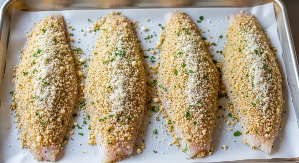 Raw cod fillets on a sheet pan with parmesan herb crust topping.