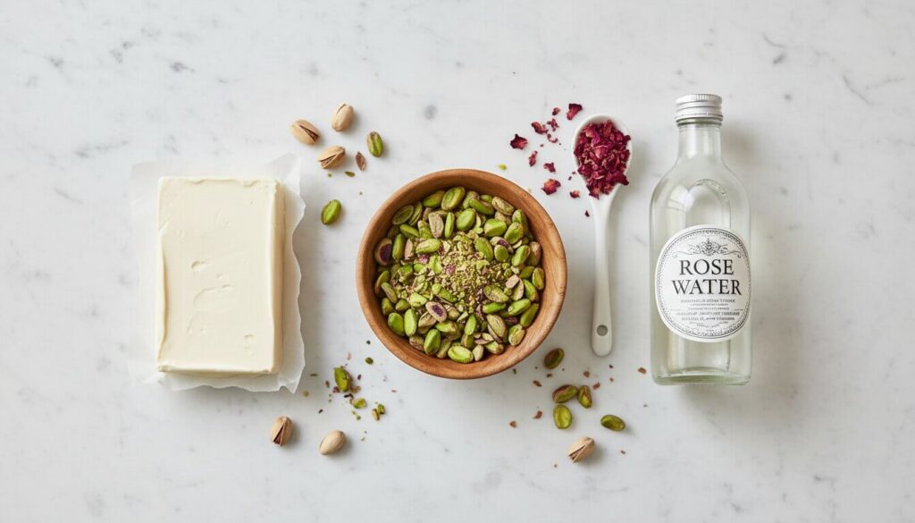 Ingredients for rose pistachio ice cream including rose water and pistachios.
