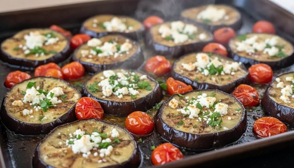 Oven roasted eggplant Mediterranean style on a baking sheet.