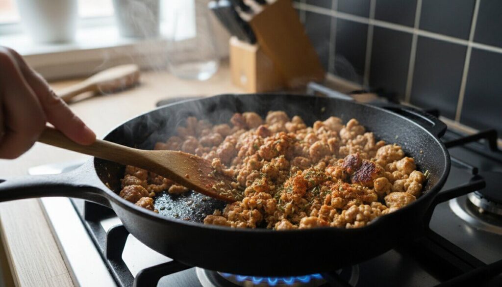 Sautéing seasoned ground chicken in a skillet for meal prep bowls.