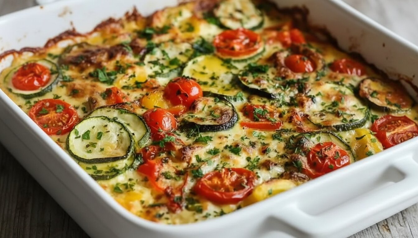 High protein veggie bake with cottage cheese in a white baking dish.