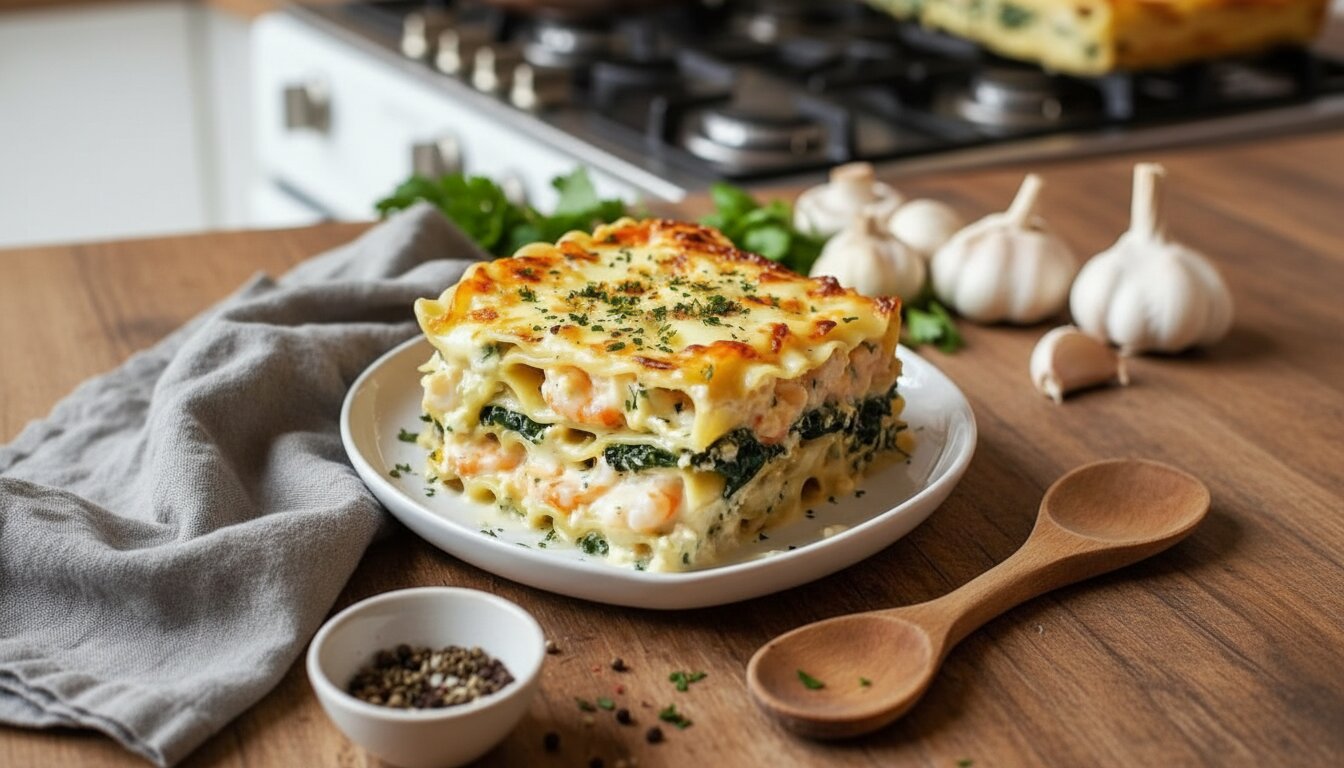 Golden brown creamy seafood lasagna with bubbling cheese and parsley garnish.