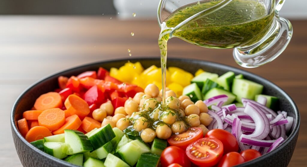 Lemon-herb vinaigrette dressing being poured over a healthy chickpea salad.