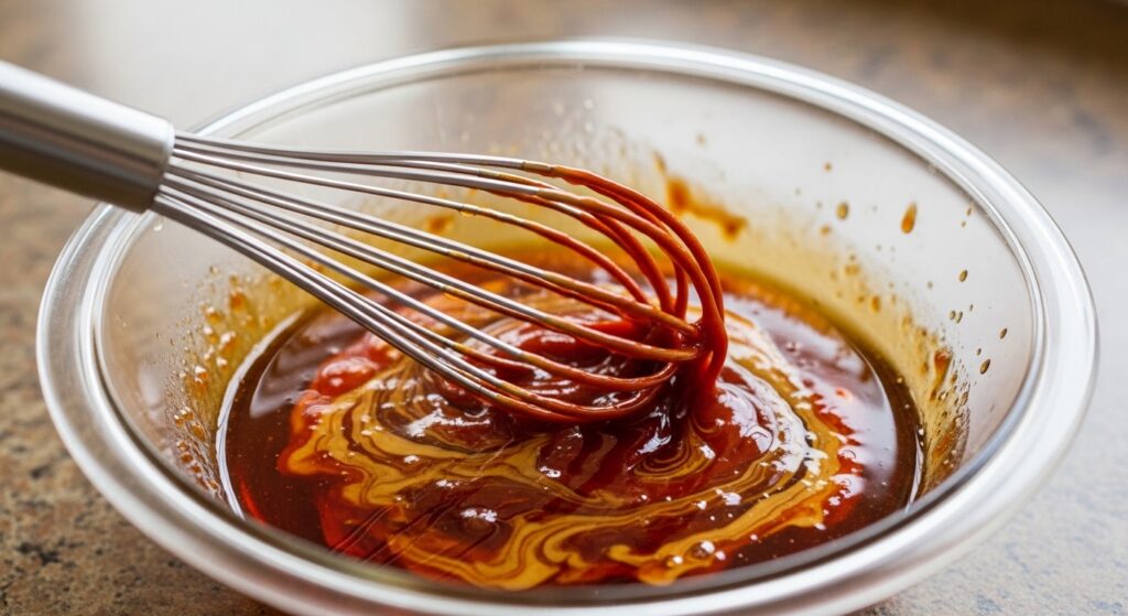 Whisking together maple syrup and sriracha sauce for cauliflower glaze.