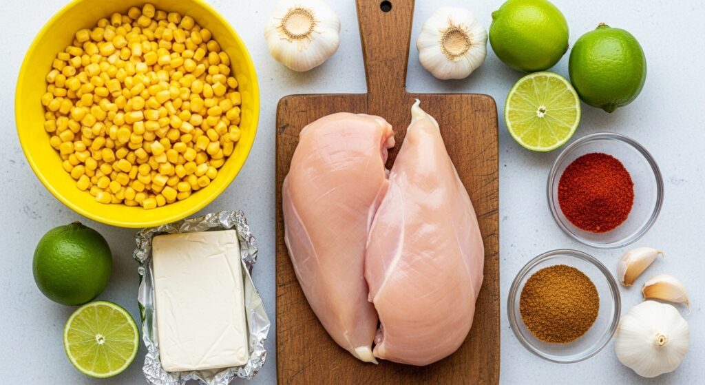 Flat lay of raw ingredients for making slow cooker mexican street corn chicken, including chicken, corn, and spices.