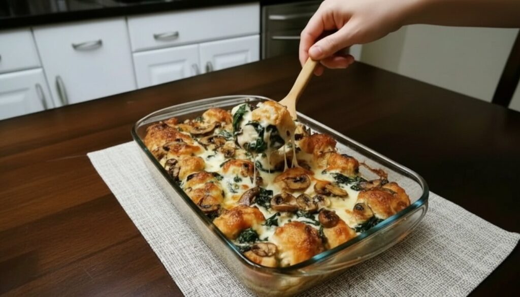 Top-down view of a creamy Mediterranean chicken spinach and mushroom casserole.