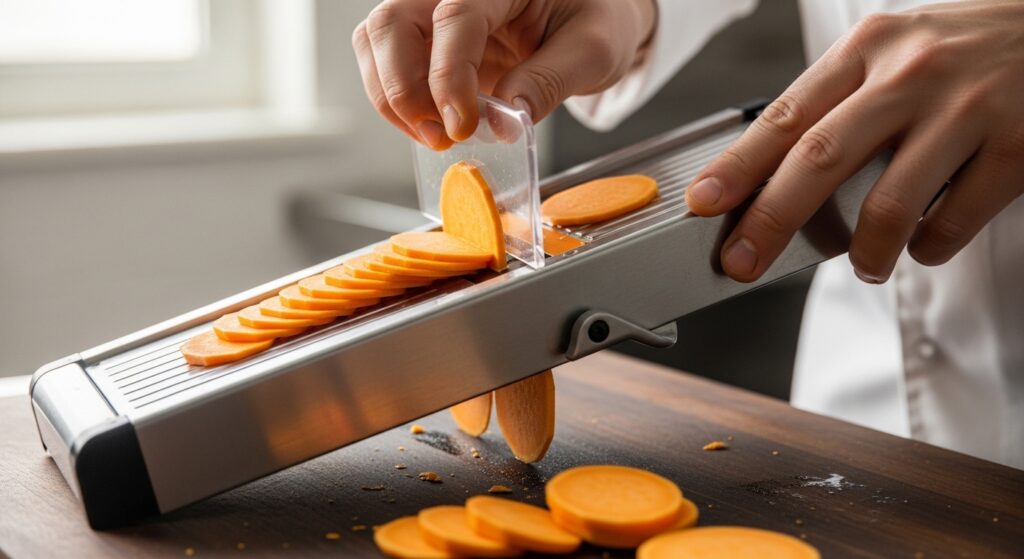 Hands using a mandoline slicer to thinly slice sweet potatoes for a gratin bake.