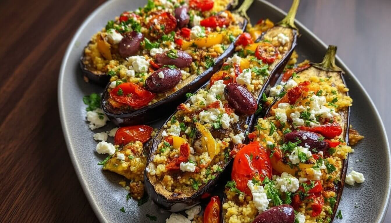Mediterranean Stuffed Eggplant with Couscous boats on a plate.