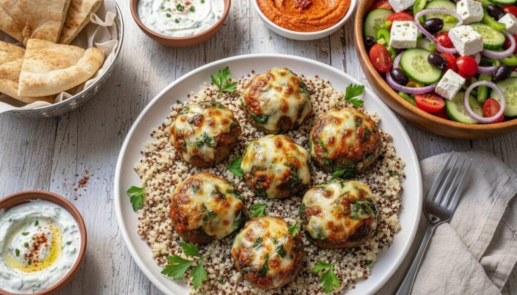Mediterranean style serving of spinach and mozzarella meatballs over quinoa.