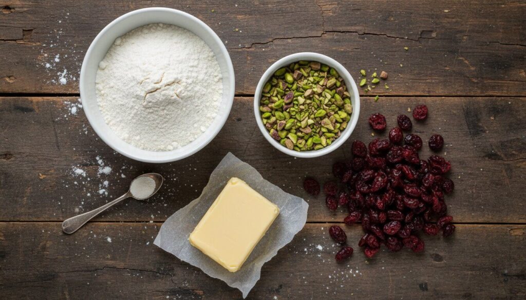 Raw ingredients for shortbread cookies including pistachios, cranberries, and butter.