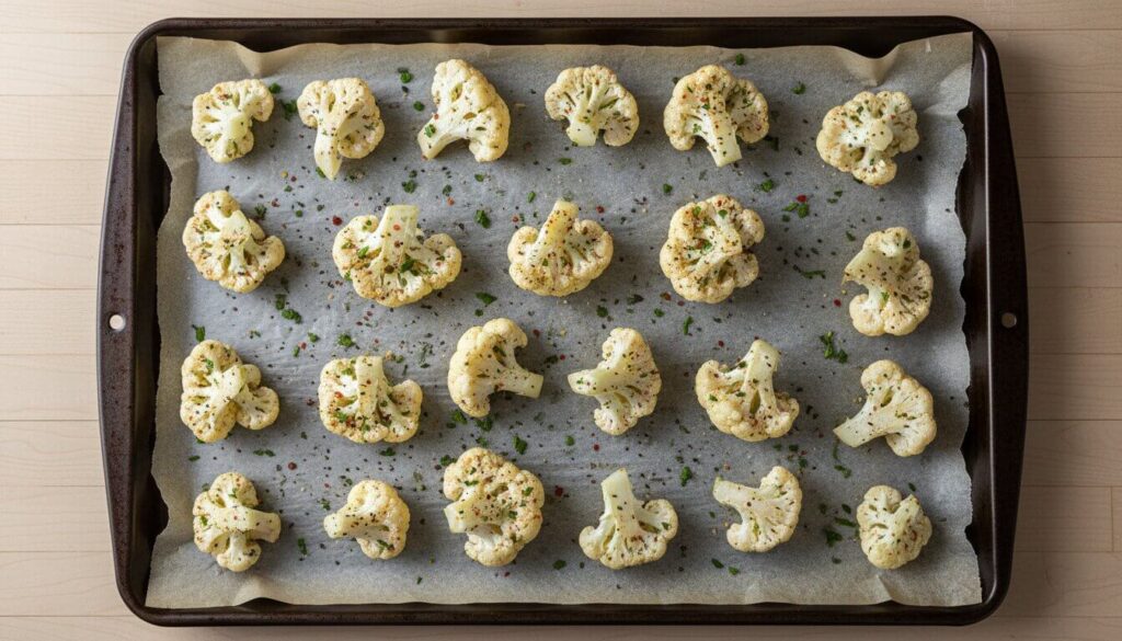 Seasoned cauliflower florets spread in a single layer on a baking sheet.