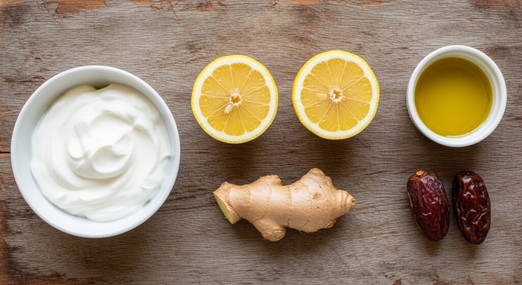 Ingredients for lemon-ginger smoothie including Greek yogurt, ginger root, lemons, and dates.