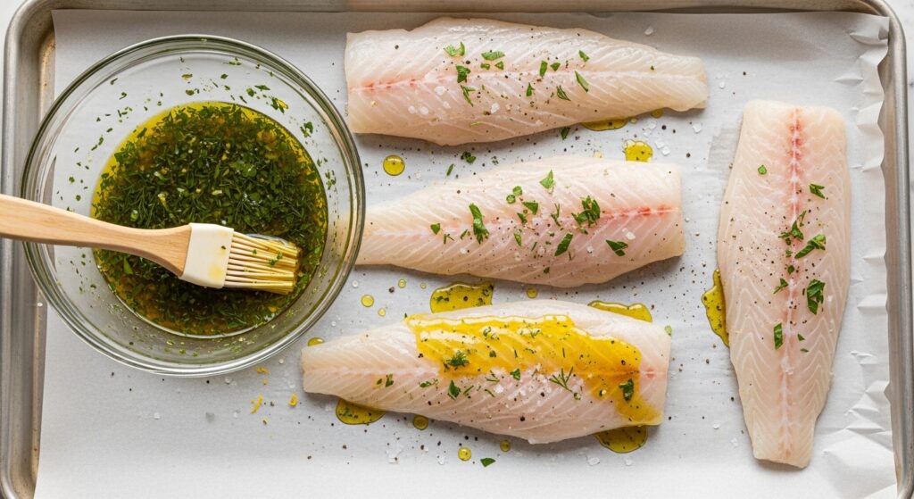 Prepping fresh raw cod on a baking sheet with lemon herb olive oil marinade.