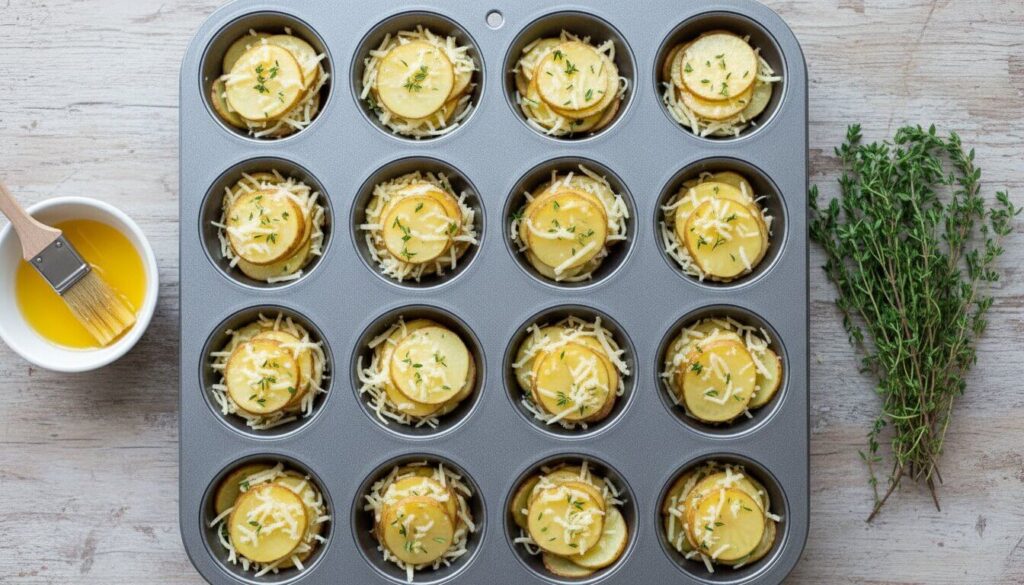 Sliced potatoes layered in a muffin tin for potato stacks recipe.