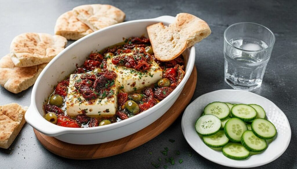 Mediterranean mezze platter featuring baked feta, pita, and fresh vegetables.