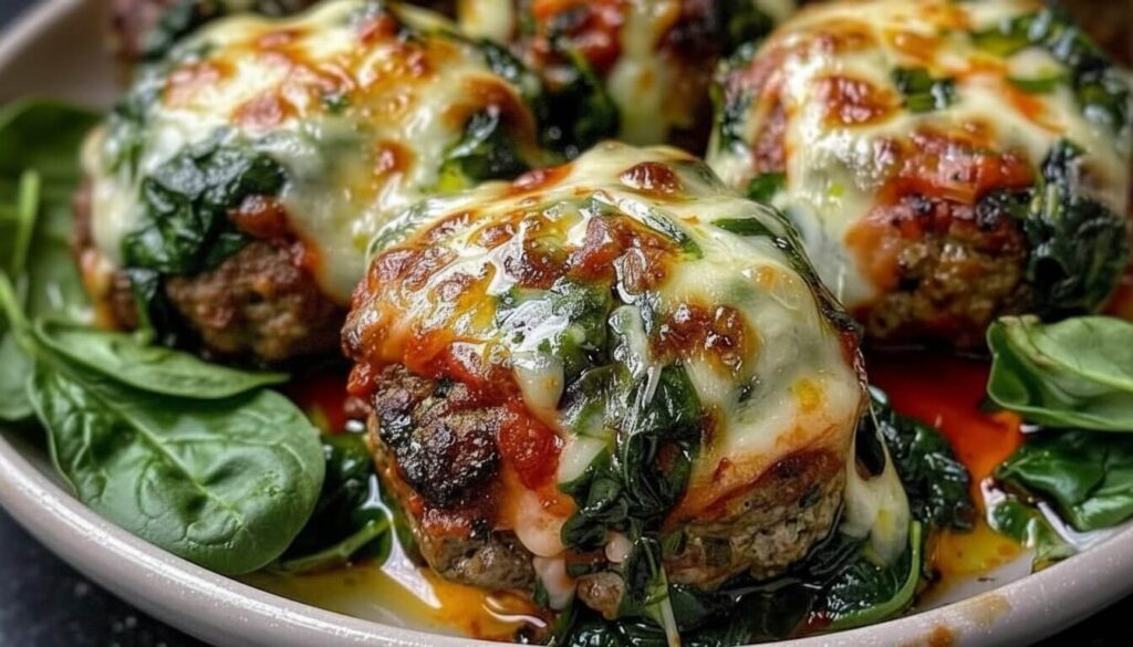 Spinach Garlic Meatballs Stuffed with Mozzarella with a cheese pull.