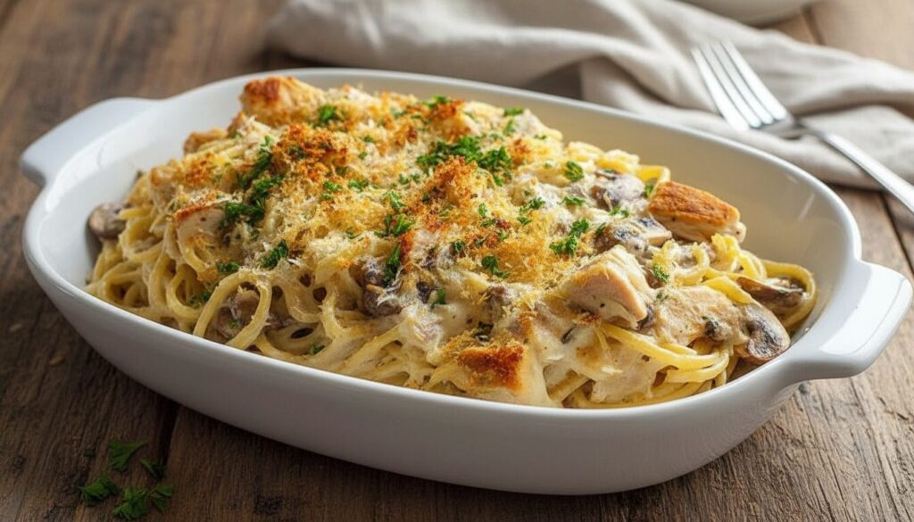 Creamy Baked Chicken Tetrazzini in a baking dish.