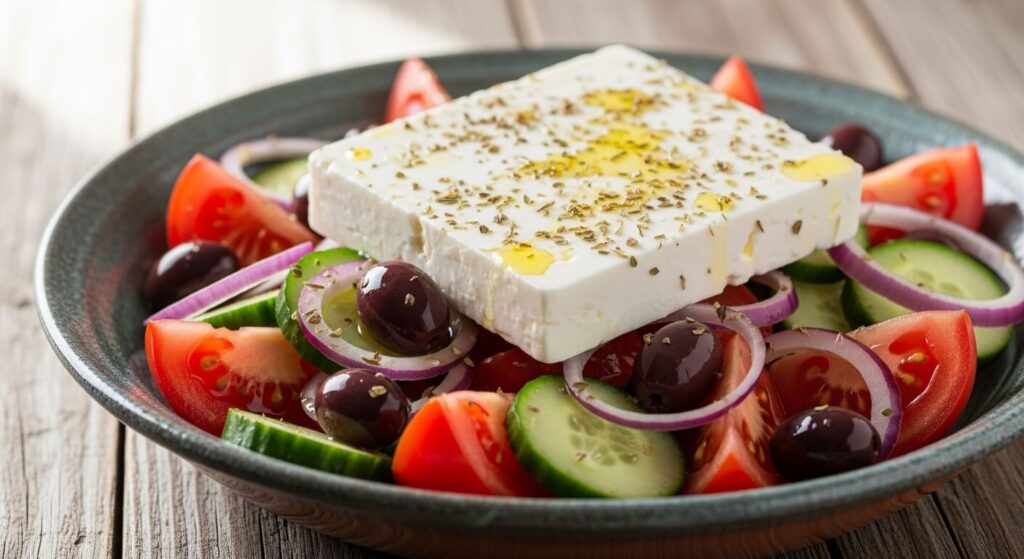 Traditional Greek salad with feta cheese olives tomatoes and cucumbers