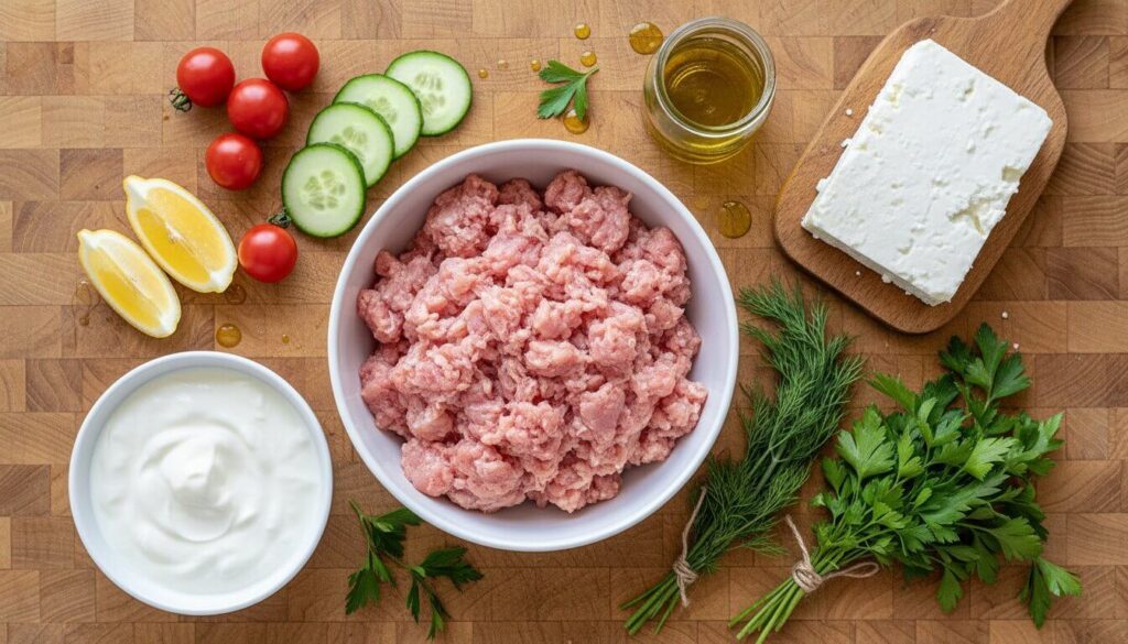 Ingredients for healthy Greek chicken meatballs and homemade tzatziki.