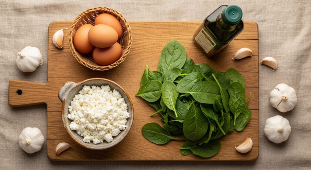 Ingredients for Mediterranean spinach quiche including cottage cheese, eggs, and spinach.