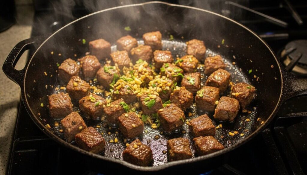 Searing garlic herb marinated steak cubes in a cast-iron skillet.