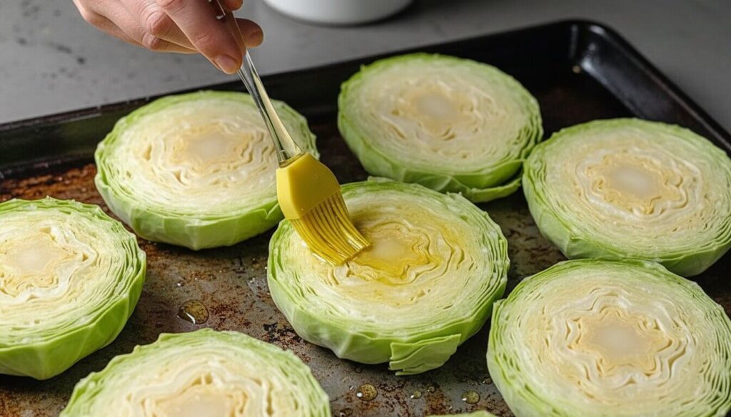 Sliced green cabbage rounds on a baking sheet being brushed with olive oil.