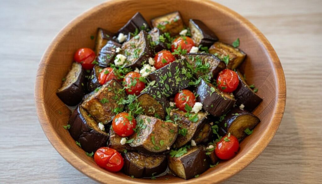 Raw cubed eggplant and cherry tomatoes prepared for Mediterranean roasting.