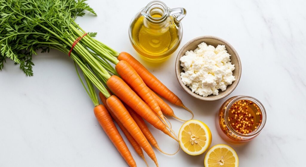 Ingredients for Mediterranean roasted carrots recipe.