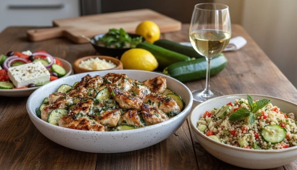 Plated Lemon Garlic Chicken and Zucchini served with quinoa and Greek salad.