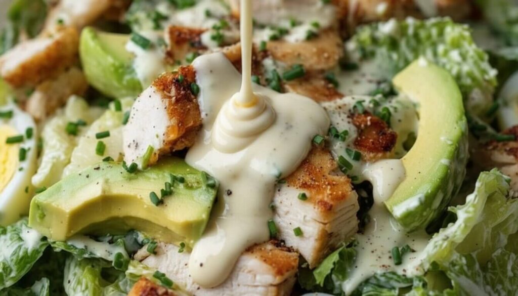 Close-up of creamy Greek yogurt Caesar dressing on avocado chicken salad.